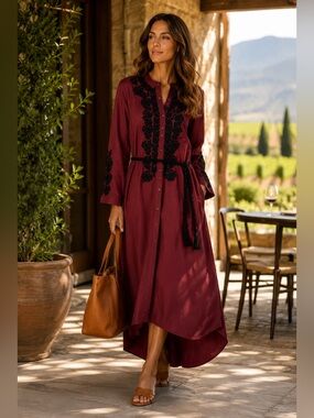 NWT Ex Voto Ivy Caftan Dress M Wine Black Embroidered Cotton Belted Boho $289